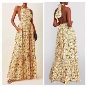 Agua by Agua Bendita Naranja Floral Cotton Poplin Maxi Halter Dress Yellow Print